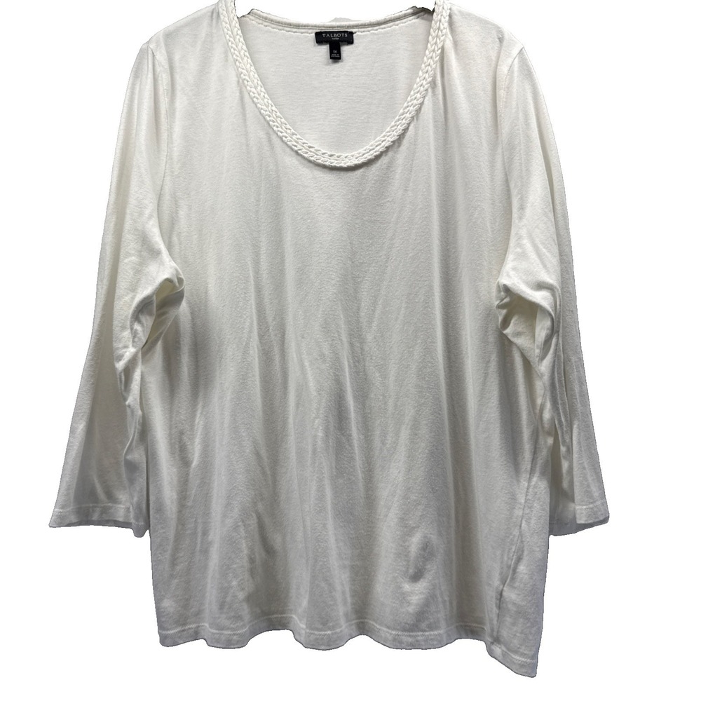 Talbots Women's Top Size 1X Solid White 3/4 Sleeves Pullover Braided Neckline